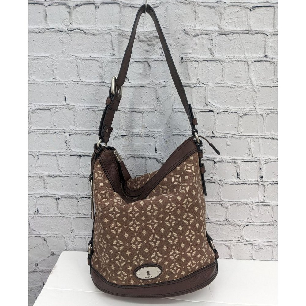 Fossil Maddox Jacquard Brown Geometric Pattern Leather Bucket Bag